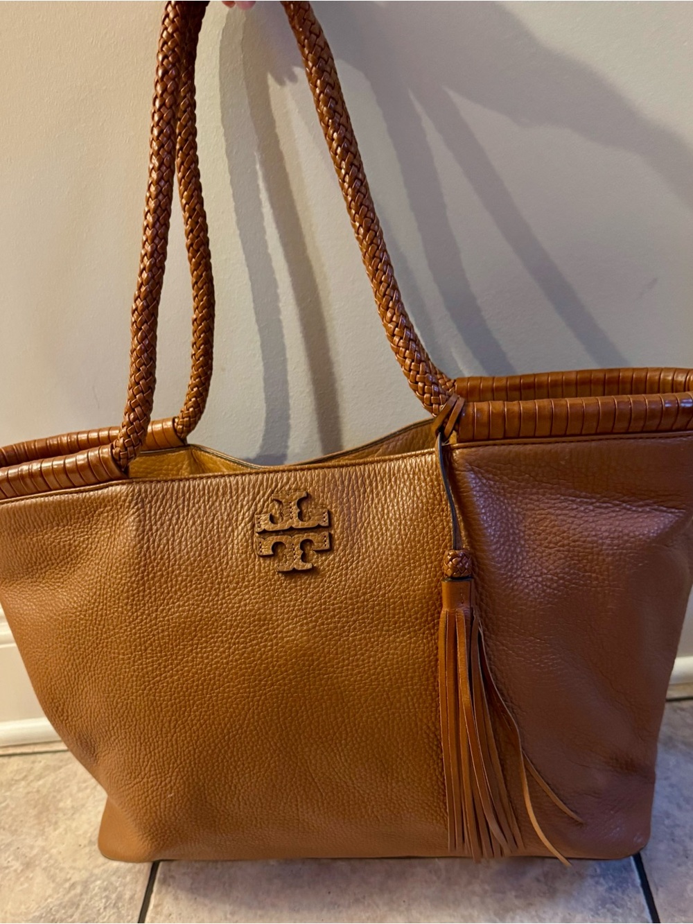 Tory Burch Taylor Leather Tote with Tassel, Cognac